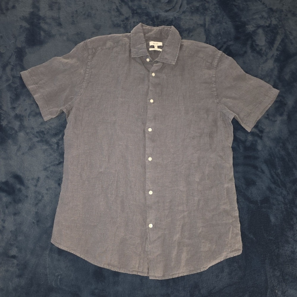 Reiss Holiday Short Sleeve Linen Button-up Shirt in Steel Blue Slim Fit